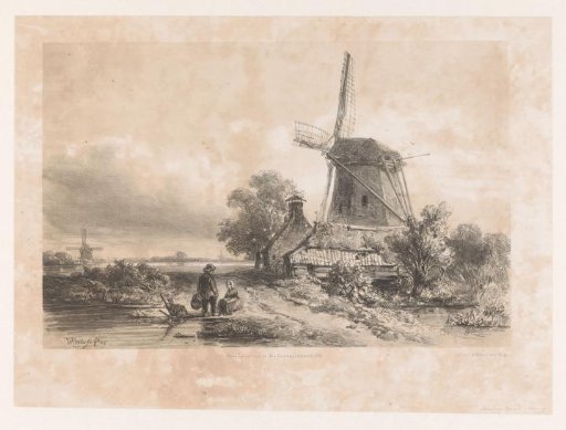 Windmill in a landscape with two figures
