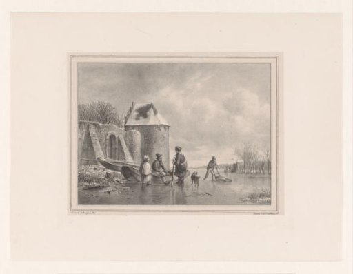 Frozen pond with figures near a rowing boat and a skater
