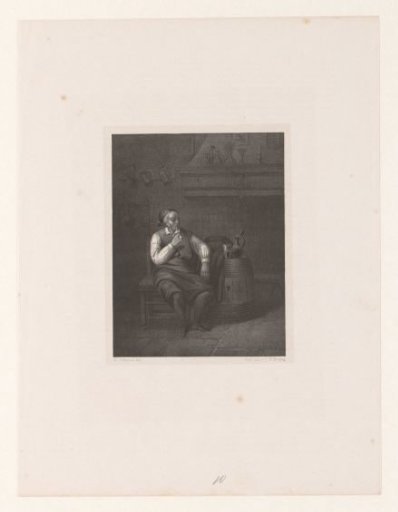 Man smoking a pipe next to a barrel