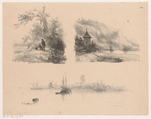 Figures in a forest, a river along a mountainous coast and boats on the water