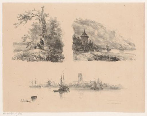 Figures in a forest, a river along a mountainous coast and boats on the water