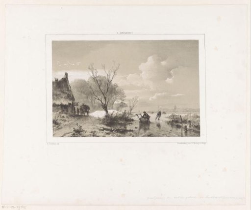Skaters and a man with a sled on a frozen river