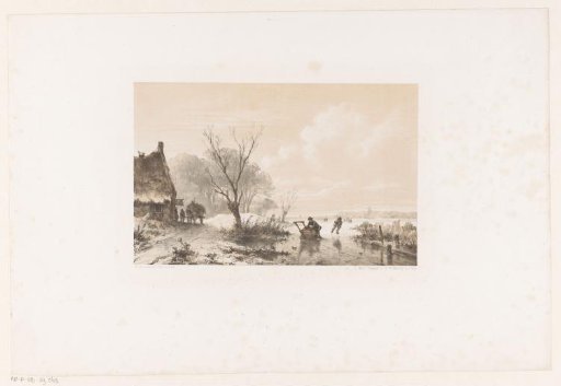 Skaters and a man with a sled on a frozen river