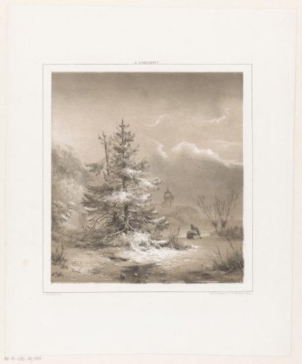 Winter landscape with coniferous trees and a man with a sled