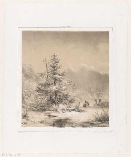 Winter landscape with coniferous trees and a man with a sled