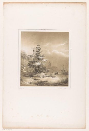 Winter landscape with coniferous trees and a man with a sled