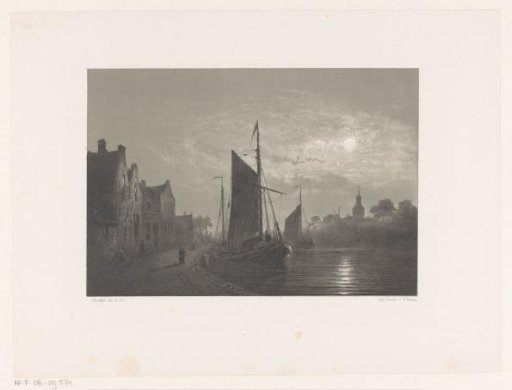 Sailing boats along a quay by moonlight