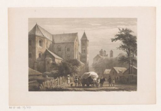 Cattle with cart before an eleventh-century church