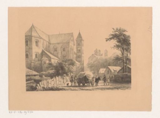 Cattle with cart before an eleventh-century church