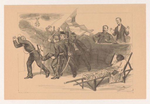 Satirical print with black man on stretcher