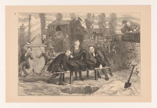 Satirical print with burial of laws