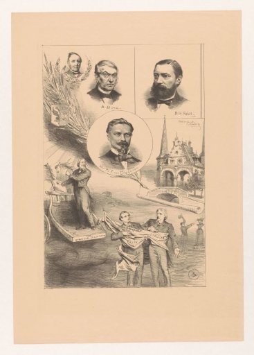 Four portraits, the Water Gate in Sneek and a caricature on the retirement of Johannes Verhulst