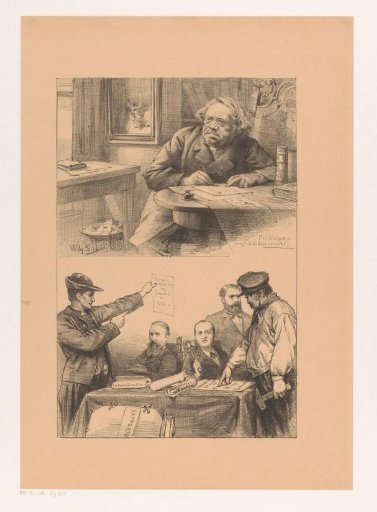 Pieter Harmen Witkamp in his study and a caricature on the agricultural and labour inquiry