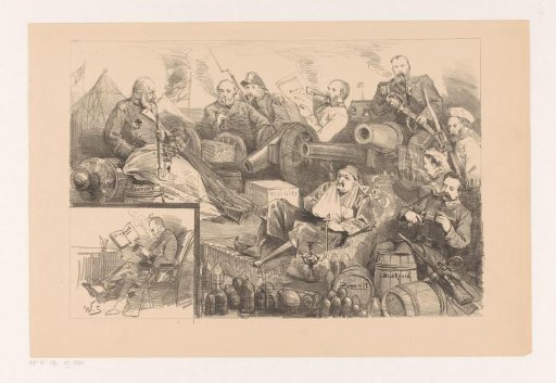 Caricature with smoking men between gunpowder and dynamite