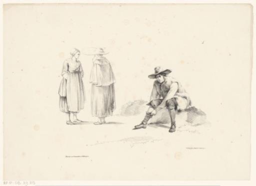 Two Women in Conversation and a Seated Man