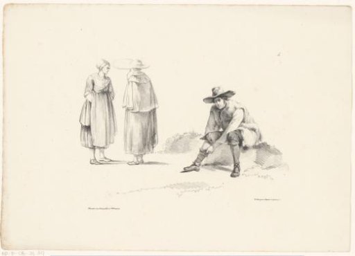 Two Women in Conversation and a Seated Man