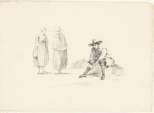 Two Women in Conversation and a Seated Man