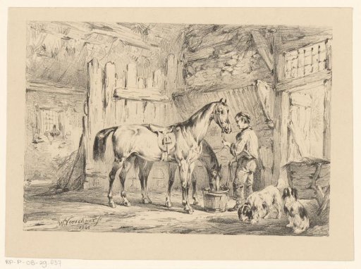 Two Horses with a Groom in the Stable