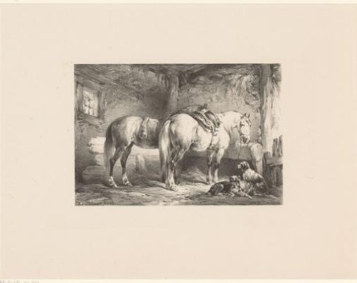 Two Horses and Dogs in a Stable