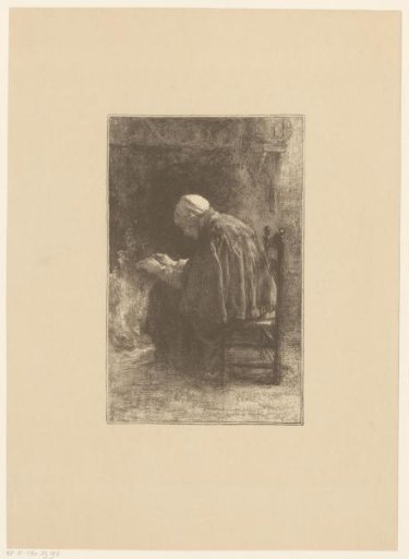 Old woman by the fireplace