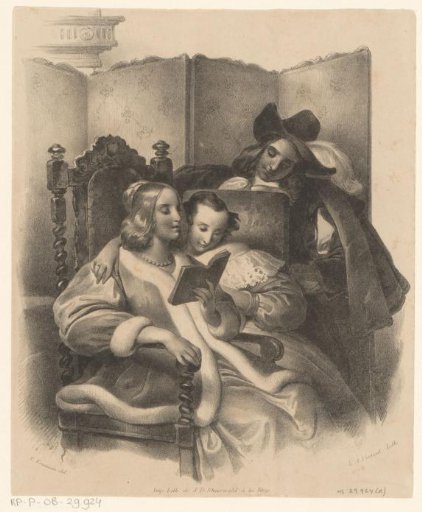 Two Women Reading and a Man Looking On