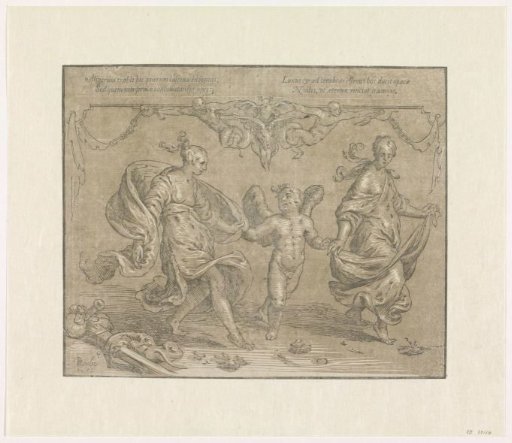 Cupid dances with two allegorical female figures