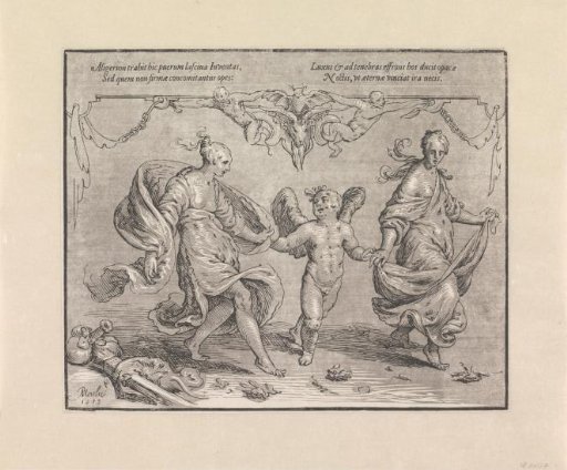 Cupid dances with two allegorical female figures