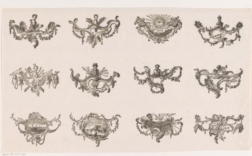 Twelve Ornaments with Allegorical Objects and Figures