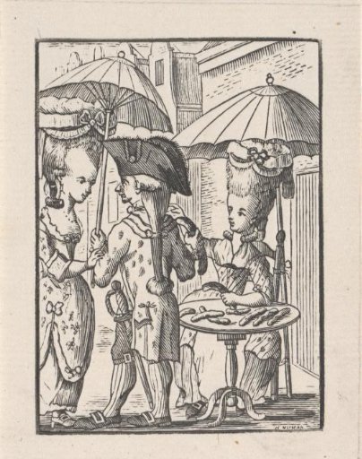 Street Vendor of Sausages with Two Customers