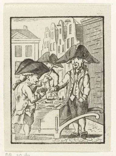 Street Vendor Nathan of Nuremberg Behind a Handcart with Two Customers