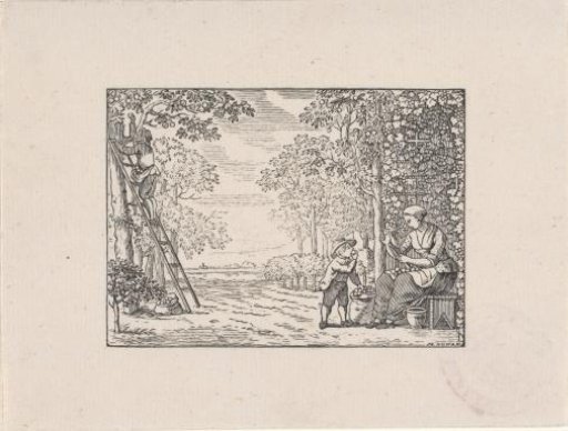 Woman in an Orchard Peeling an Apple for a Boy