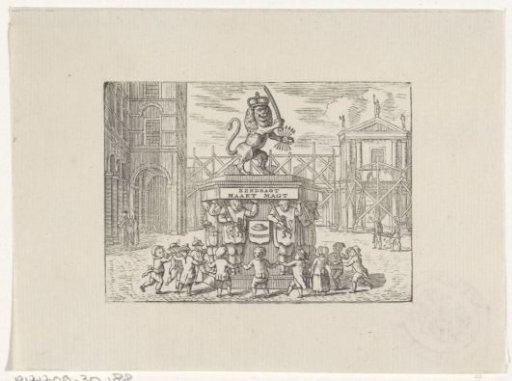 Children dancing in a circle around a monument of the Seven Provinces