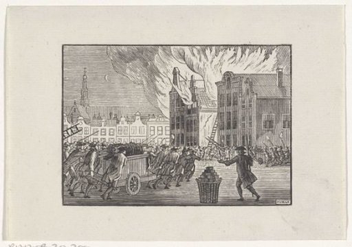 Firemen rushing to a burning house on a market square