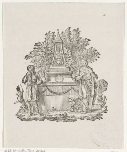 Vignette with two mourning figures at a monument