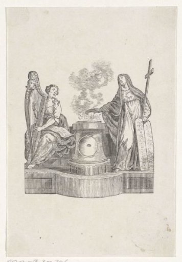 Vignette with two allegorical figures at a monument