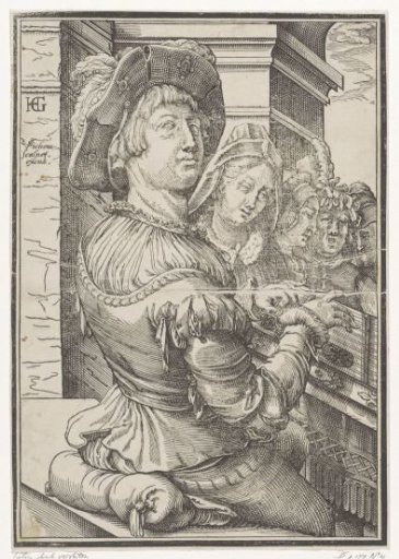 Young man playing the cittern with four singing figures