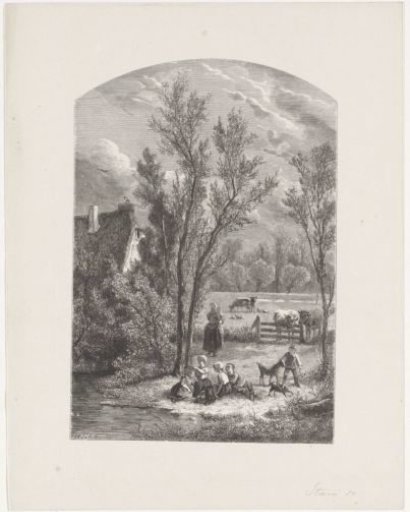 Children in the Grass by the Water near a Farmhouse