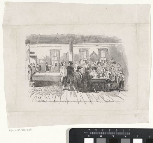 Interior with Dozens of Men and a Billiard Table
