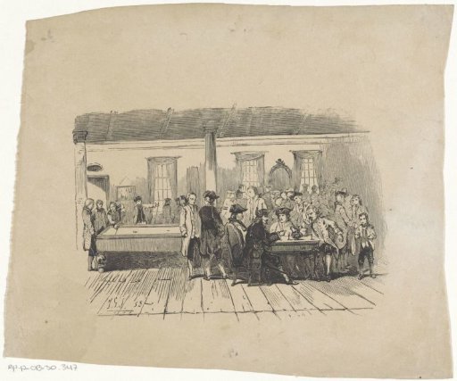 Interior with Dozens of Men and a Billiard Table