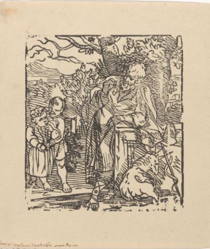 Man with Two Children and a Sheep by a Tree