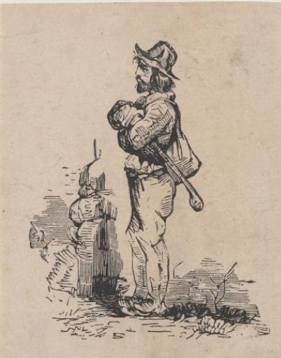 Man with a Sack Under His Arm by a Stone Wall