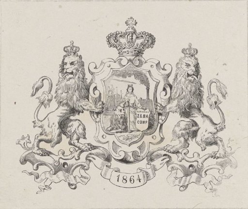 The Dutch Maiden and the Dutch Lion in an ornamental frame with a crown, two lions and the year '1864'
