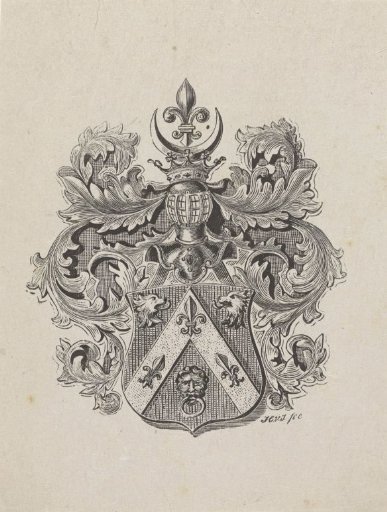 Vignette with a coat of arms and a helmet with a crown