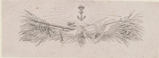 Vignette with an anchor with a crown and other objects from shipping