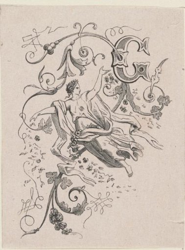 Ornamental letter C with an allegorical female figure