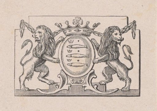 Vignette with a coat of arms featuring three fish and three crowns