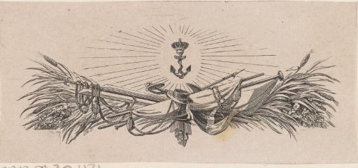Vignette with an anchor with a crown and other maritime objects