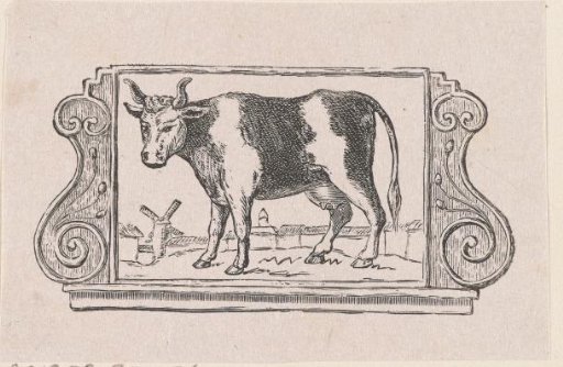 Vignette with a cow in a landscape with a mill