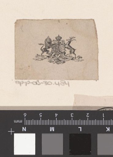 Vignette with two coats of arms with a crown, a lion and a stag