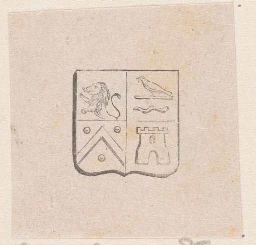 Vignette with a coat of arms featuring a lion, a tower and a bird